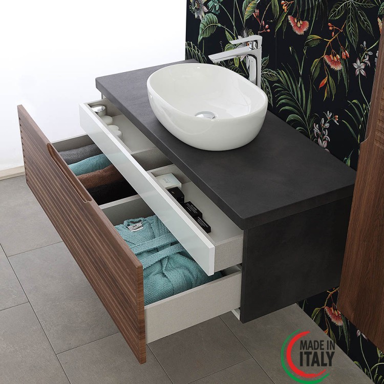 Mobile da bagno sospeso 90cm noce con 2 cassetti Ravello Feridras