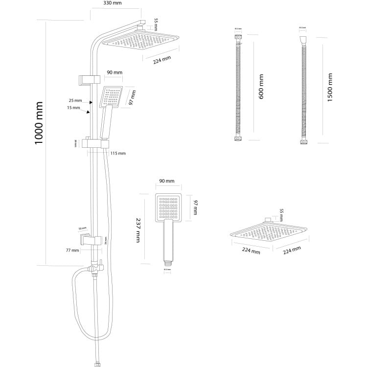 Colonna doccia H100cm in acciaio cromato con soffione quadrato Platinum Feridras