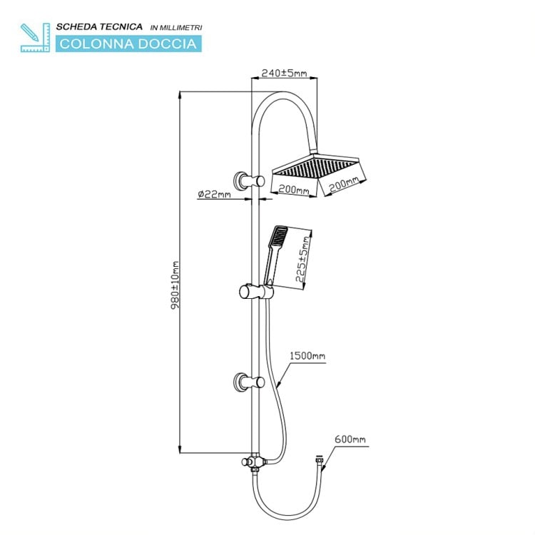 Colonna doccia H98cm in acciaio cromato con soffione quadrato Platinum Feridras