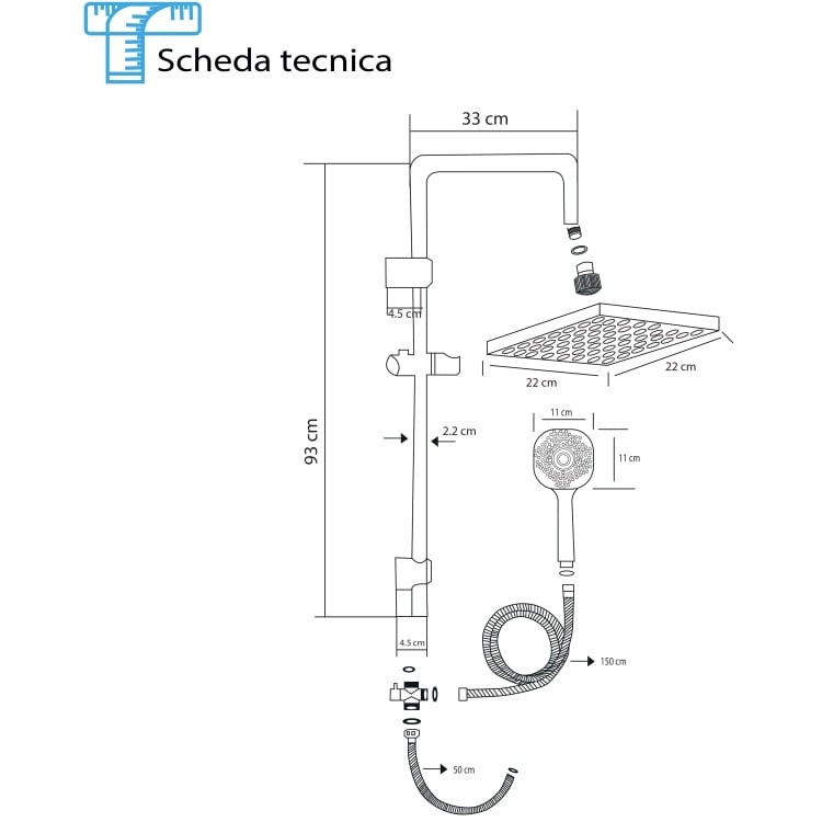 Colonna doccia H93cm in acciaio cromato con soffione quadrato Platinum Feridras