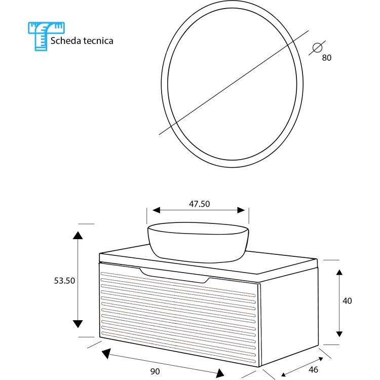 Mobile da bagno sospeso 90cm noce con 2 cassetti Ravello Feridras