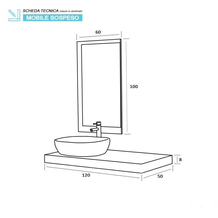 Consolle da bagno sospesa 120cm cemento con specchio Shelf Feridras