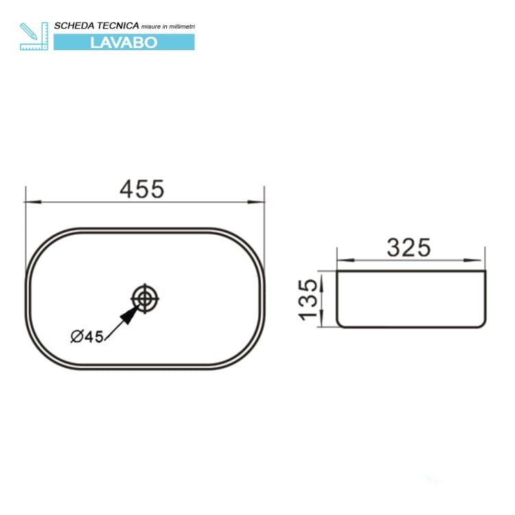 Lavabo da appoggio 45cm in ceramica nero matto Feridras