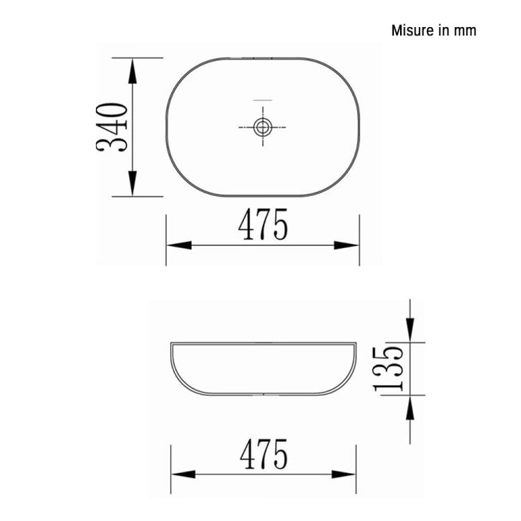 Lavabo da appoggio ovale 47cm in ceramica bianca lucida Feridras