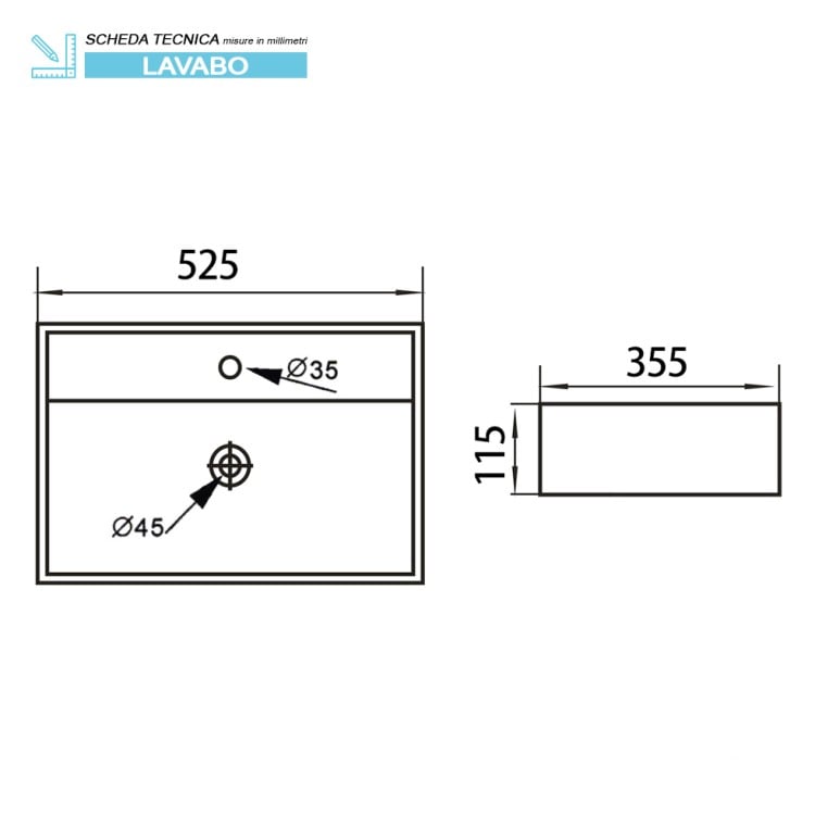 Lavabo da appoggio 52cm in ceramica bianca lucida Feridras