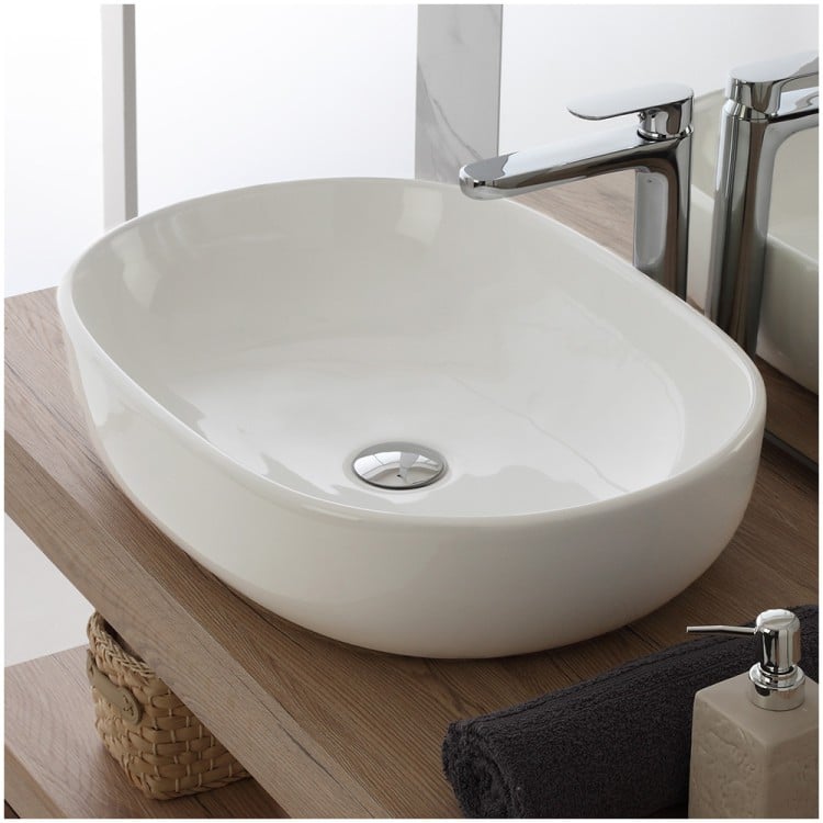 Lavabo da appoggio ovale 60cm in ceramica bianca lucida Feridras