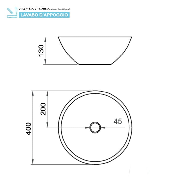 Lavabo da appoggio tondo 40cm in ceramica bianca lucida Feridras