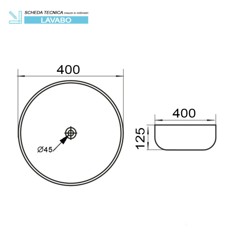 Lavabo da appoggio tondo 40cm in ceramica bianco matto Feridras