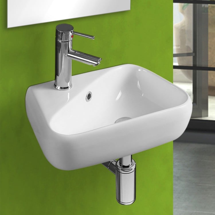 Lavabo sospeso 45cm in ceramica bianca lucida con vasca a destra Feridras