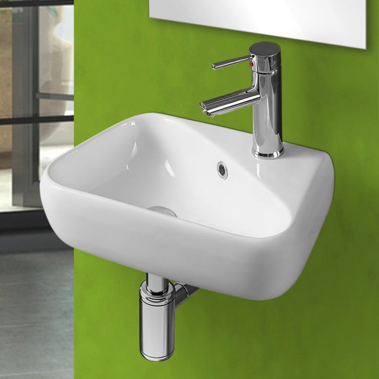 Lavabo sospeso 45cm in ceramica bianca lucida con vasca a sinistra Feridras