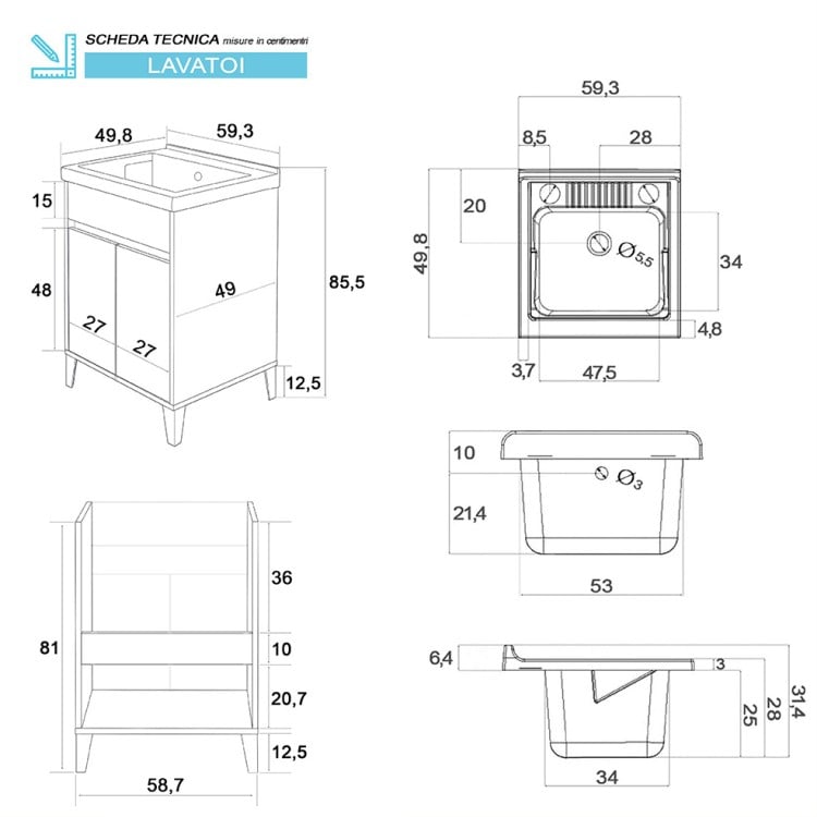 Mobile lavatoio da bagno 60x84 cm rovere chiaro Mondo 2.0 Feridras