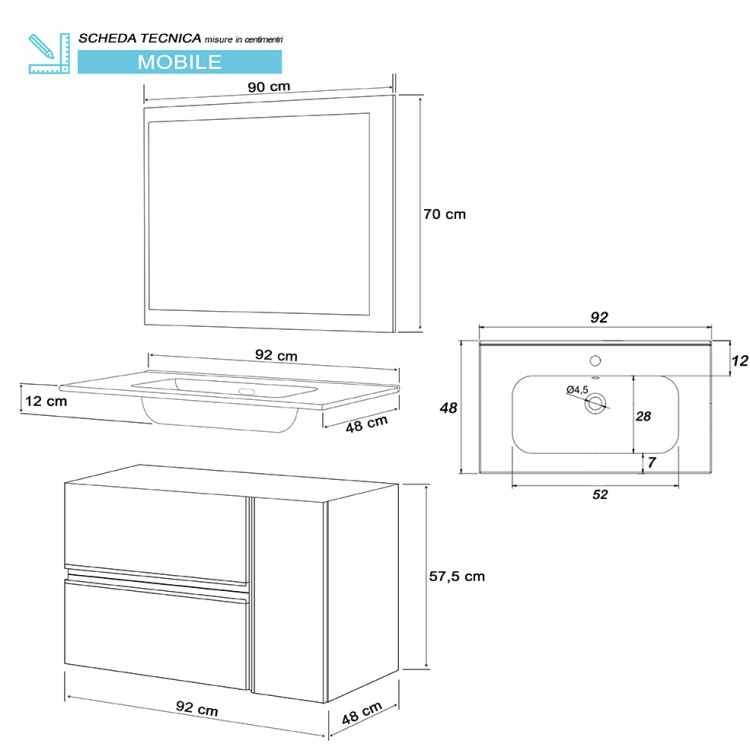 Mobile da bagno sospeso 90cm cenere con 2 cassetti Oxid Feridras