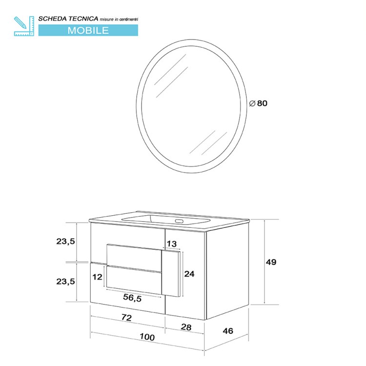 Mobile da bagno sospeso 100cm riviera con 2 cassetti Urban Feridras