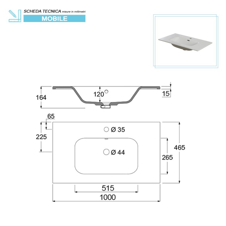 Mobile da bagno sospeso 100cm riviera con 2 cassetti Urban Feridras