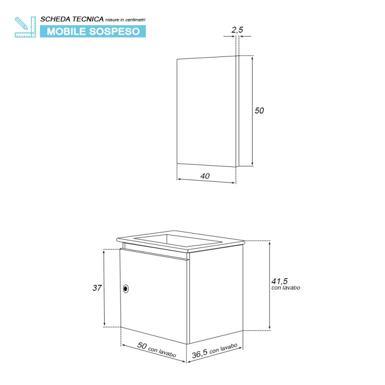 Mobile da bagno sospeso 50cm rovere scuro con anta Si50 Feridras