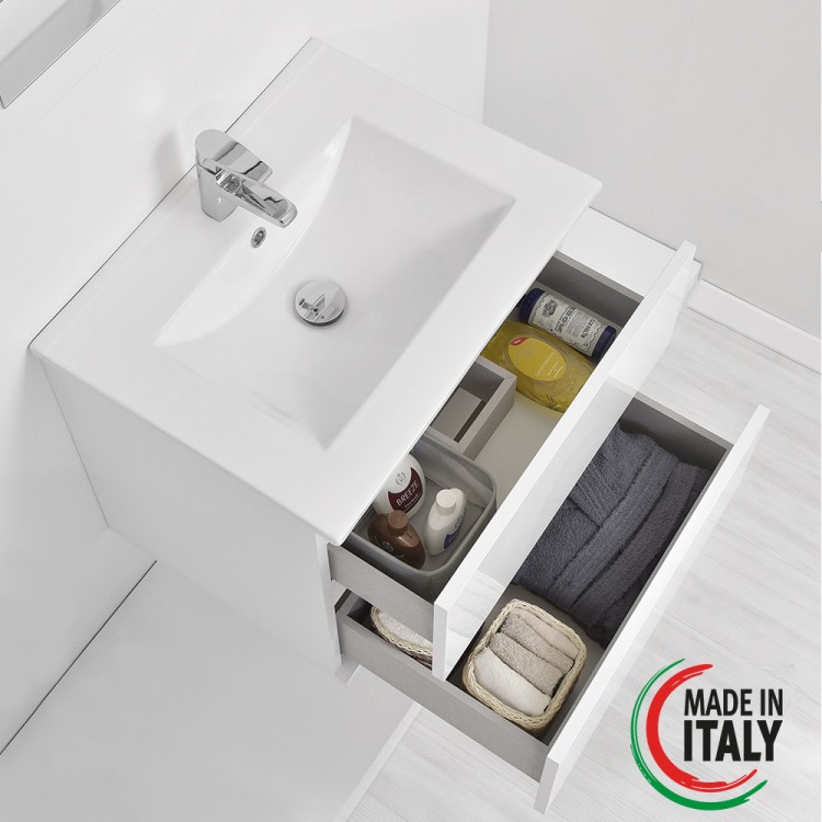 Mobile da bagno sospeso 60cm bianco laccato con 2 cassetti Fabula Feridras