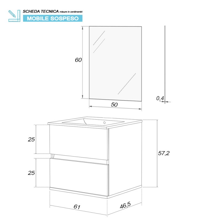 Mobile da bagno sospeso 60cm rovere con 2 cassetti Fabula Feridras