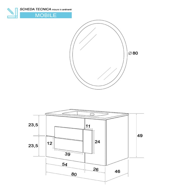 Mobile da bagno sospeso 80cm riviera con 2 cassetti Urban Feridras