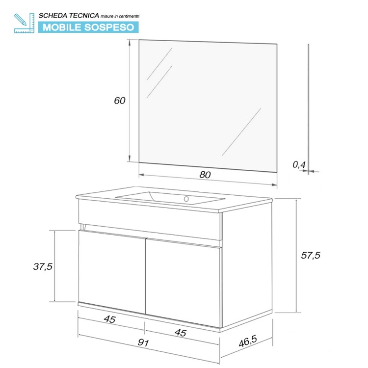 Mobile da bagno sospeso 90cm cemento con 2 ante Fabula Feridras