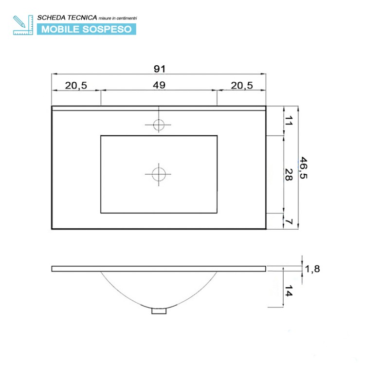 Mobile da bagno sospeso 90cm cemento con 2 ante Fabula Feridras