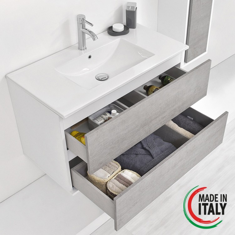 Mobile da bagno sospeso 90cm cemento con 2 cassetti Fabula Feridras