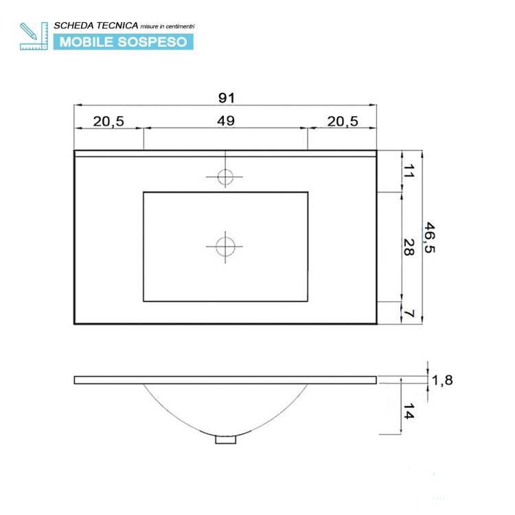 Mobile da bagno sospeso 90cm cemento con 2 cassetti Fabula Feridras