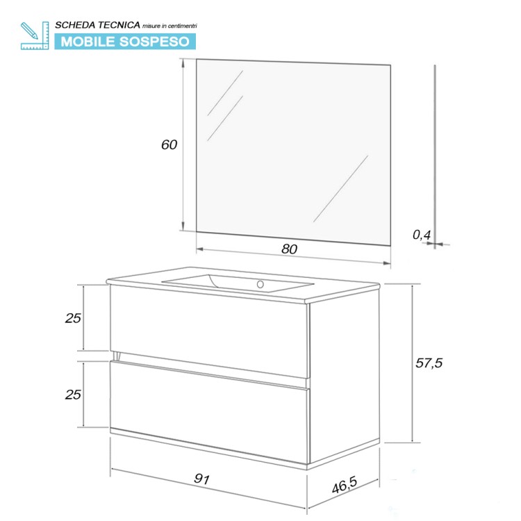 Mobile da bagno sospeso 90cm cemento con 2 cassetti Fabula Feridras