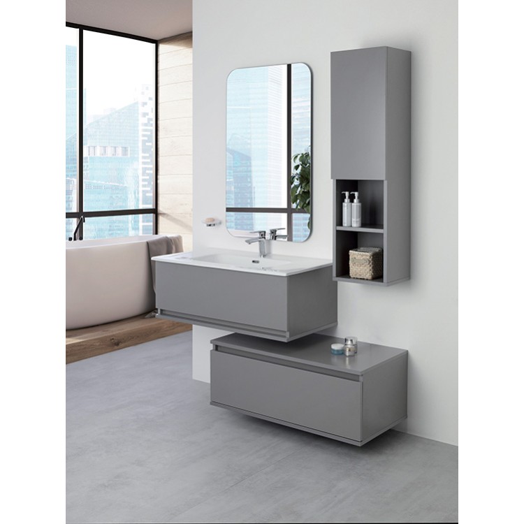 Mobile da bagno sospeso 90cm grigio con 2 cassetti separati Pastello Feridras