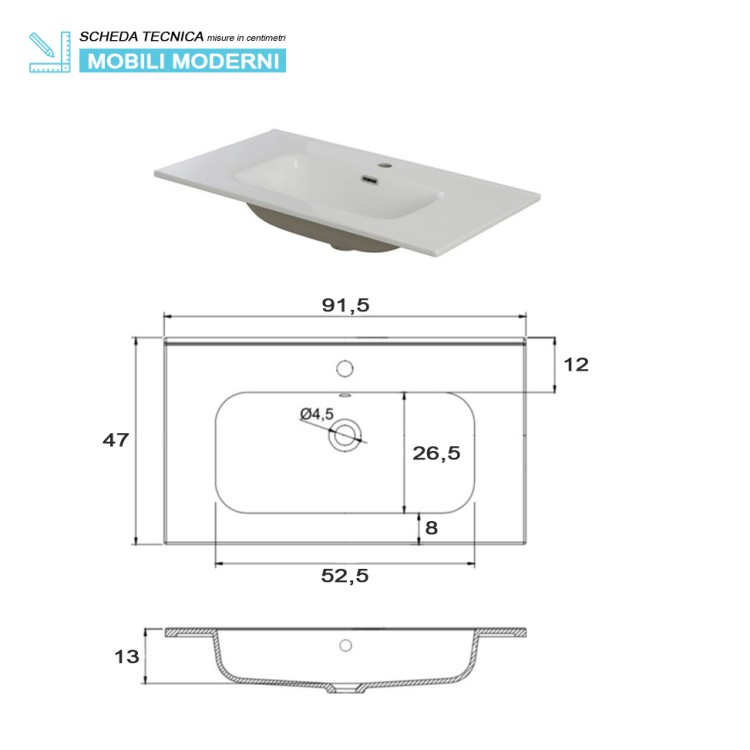 Mobile da bagno sospeso 90cm grigio con 2 cassetti separati Pastello Feridras