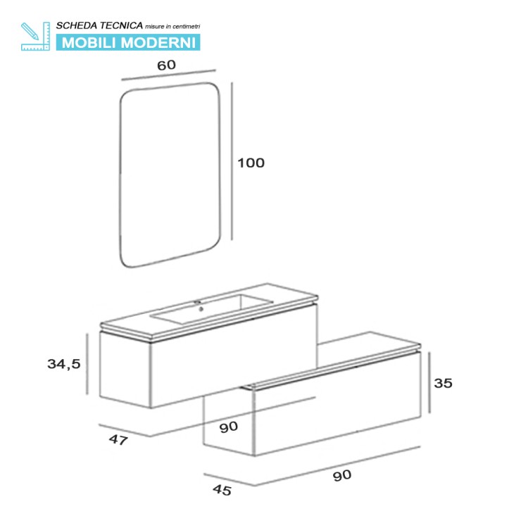 Mobile da bagno sospeso 90cm grigio con 2 cassetti separati Pastello Feridras