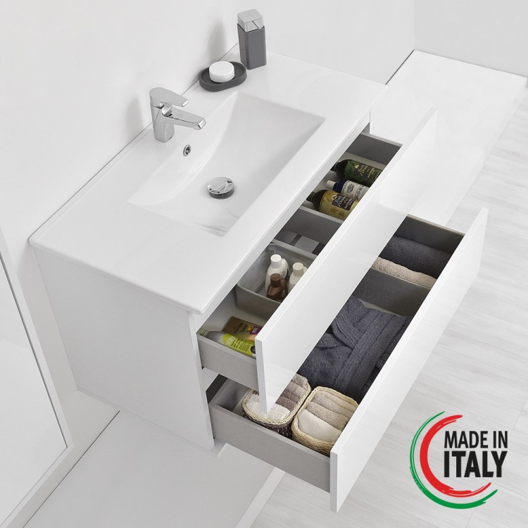 Mobile da bagno sospeso 90cm bianco laccato con 2 cassetti Fabula Feridras