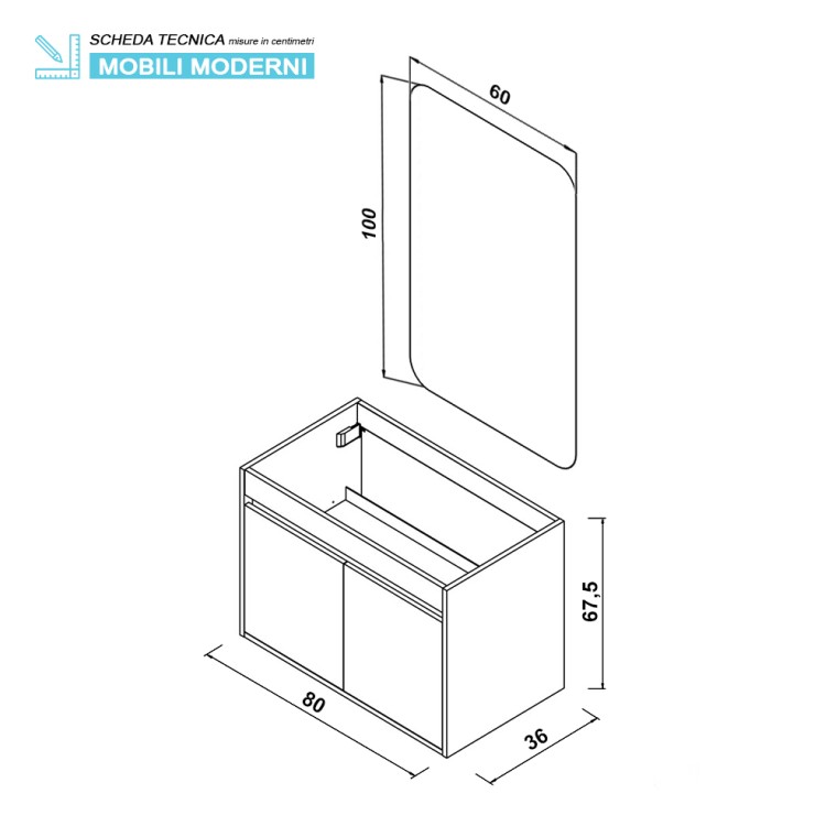 Mobile da bagno sospeso 80cm grigio con 2 ante Pastello Feridras