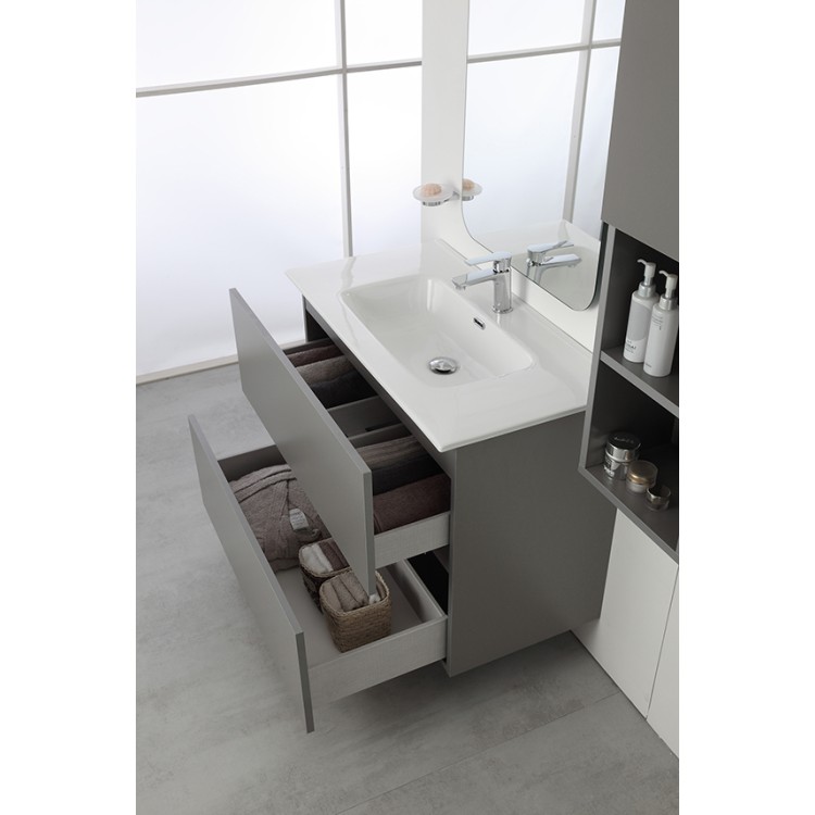 Mobile da bagno sospeso 90cm grigio con 2 cassetti Pastello Feridras