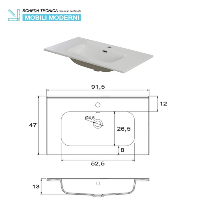 Mobile da bagno sospeso 90cm grigio con 2 cassetti Pastello Feridras