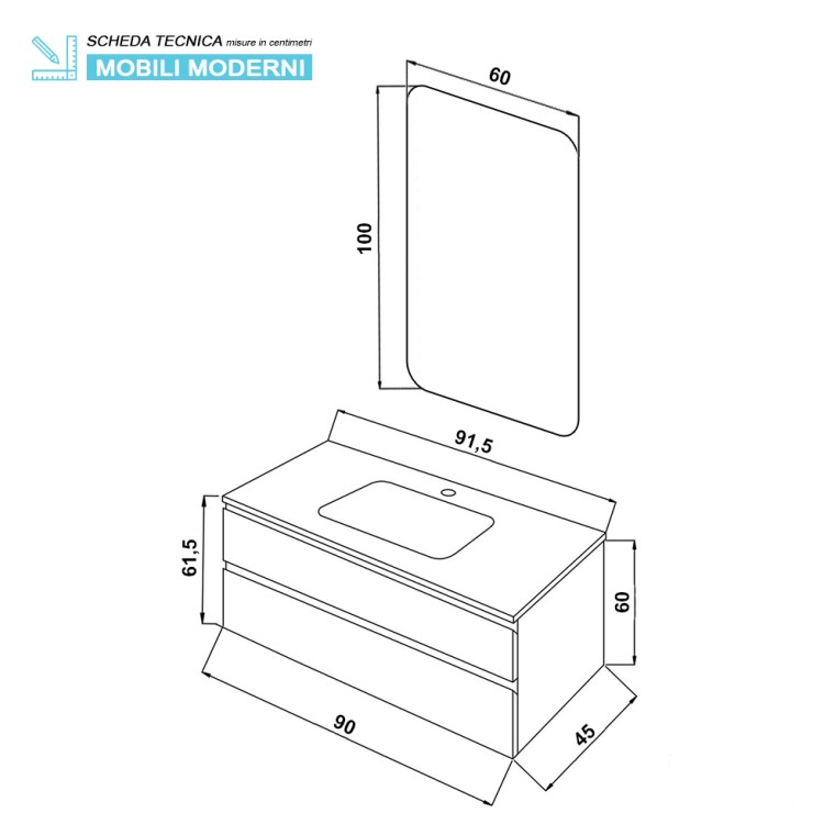 Mobile da bagno sospeso 90cm grigio con 2 cassetti Pastello Feridras