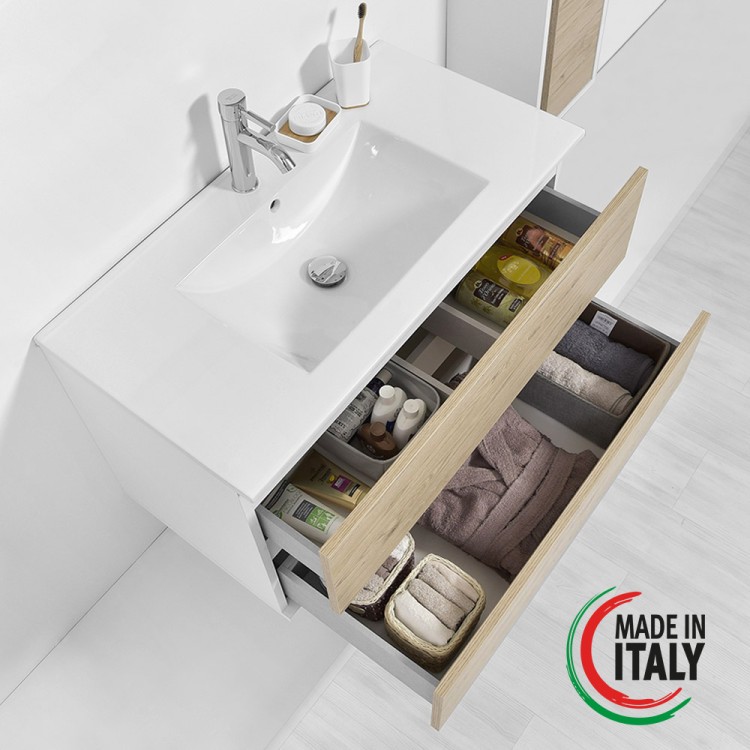 Mobile da bagno sospeso 90cm rovere con 2 cassetti Fabula Feridras