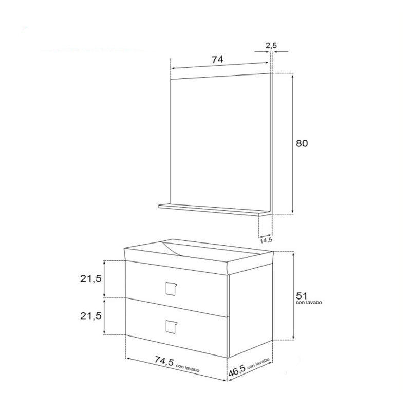 Mobile da bagno sospeso 75 cm 2 cassetti bianco laccato Bravo 75 Feridras