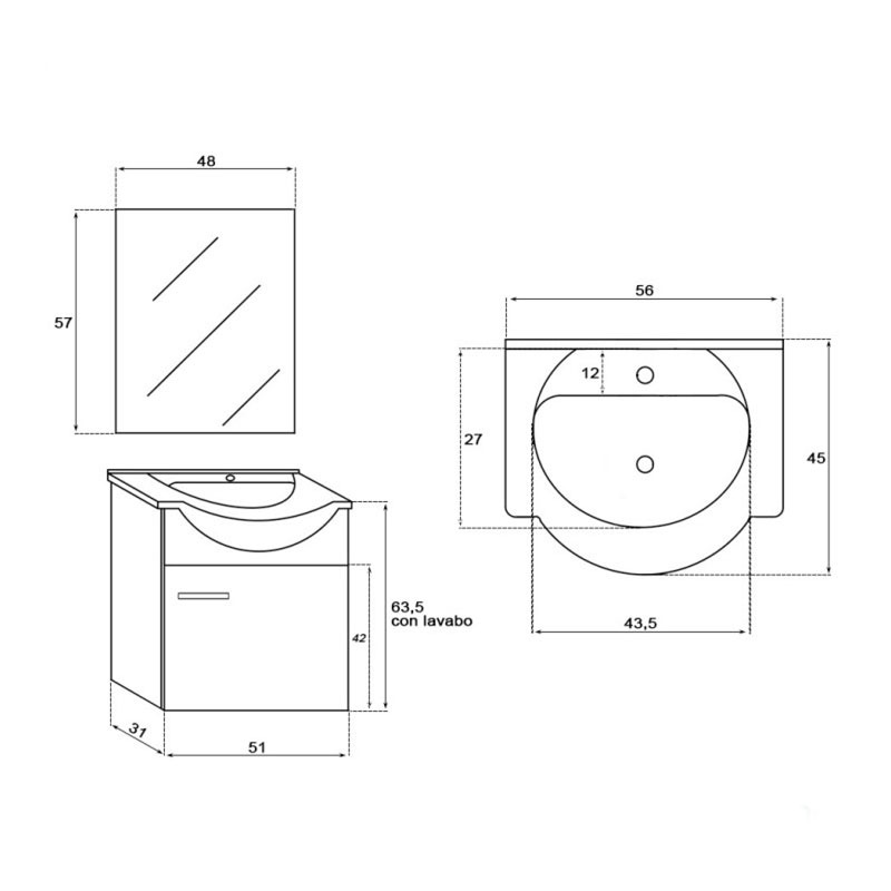 Mobile da bagno sospeso 55 cm 1 anta larice Stella Feridras