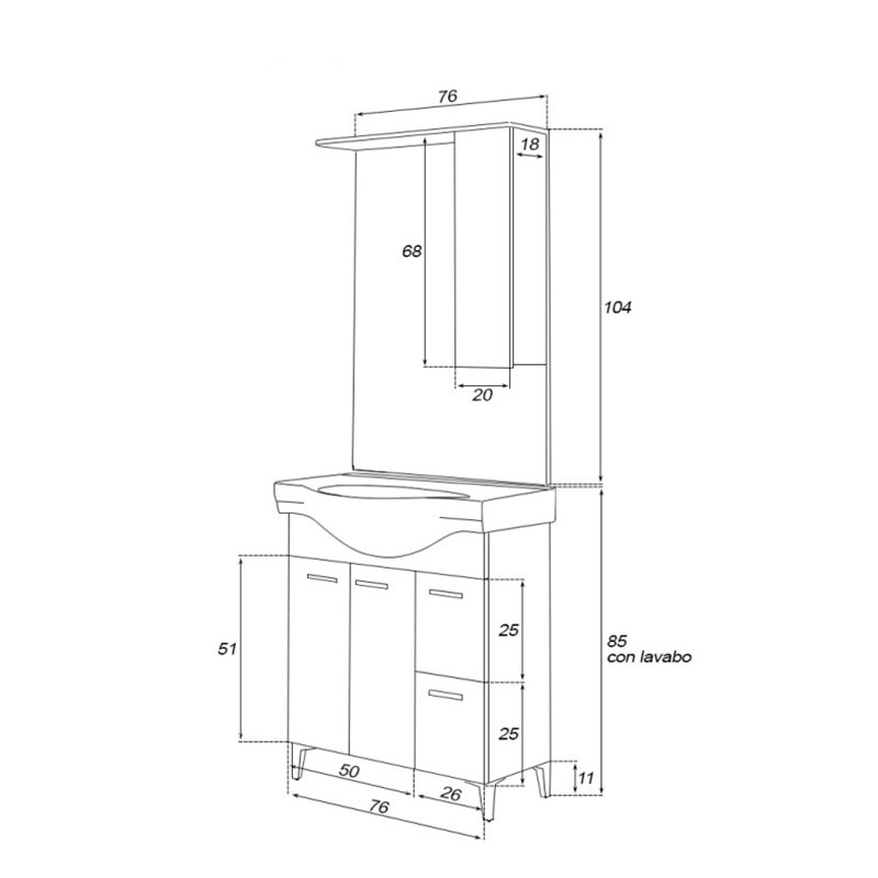 Mobile da bagno 80 cm 2 ante e cassetti bianco lucido Stella Feridras