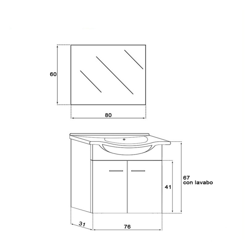 Mobile da bagno sospeso 80 cm 2 cassetti bianco lucido Stella Feridras