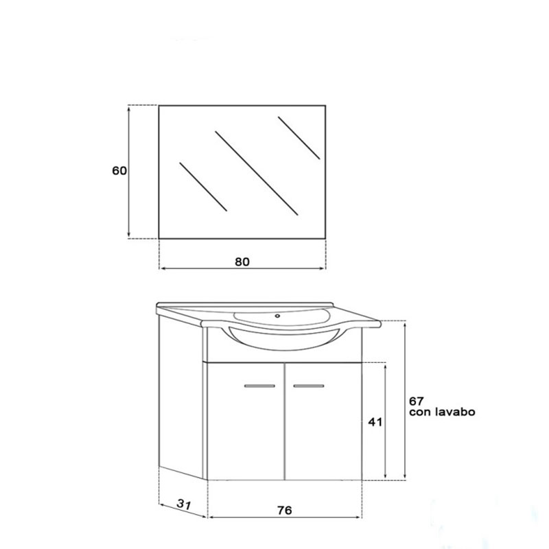 Mobile da bagno sospeso 80cm larice con 2 ante stella Feridras