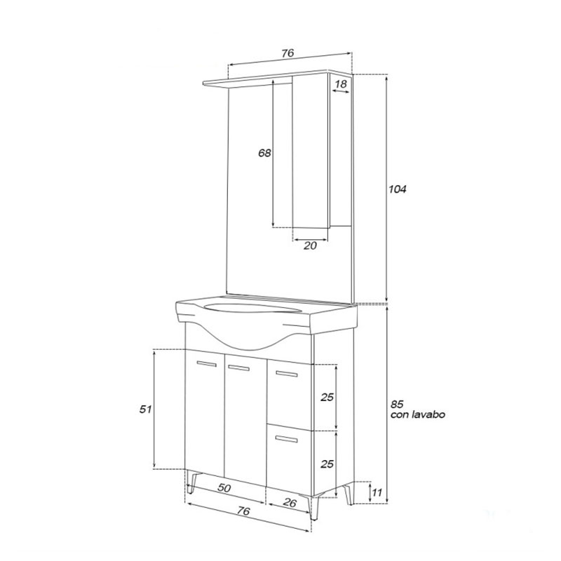 Mobile da bagno 80 cm 2 ante e cassetti larice Stella Feridras