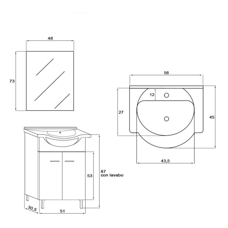 Mobile da bagno 55 cm 2 ante grigio Stella Feridras