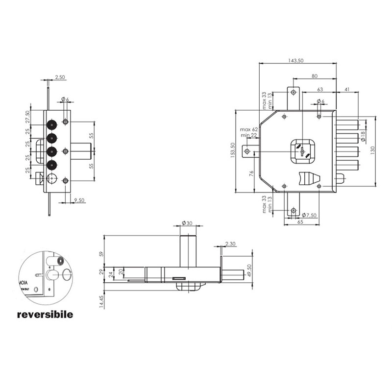 Serratura per porte in legno 63mm Moia G434dx